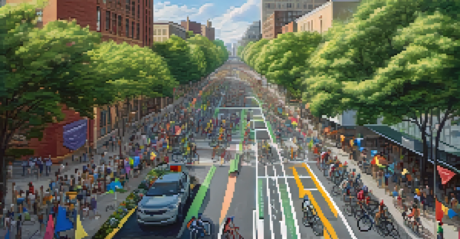An aerial view of a busy street in Jersey City filled with cyclists participating in a community biking event, showcasing vibrant banners and tree-lined bike lanes.