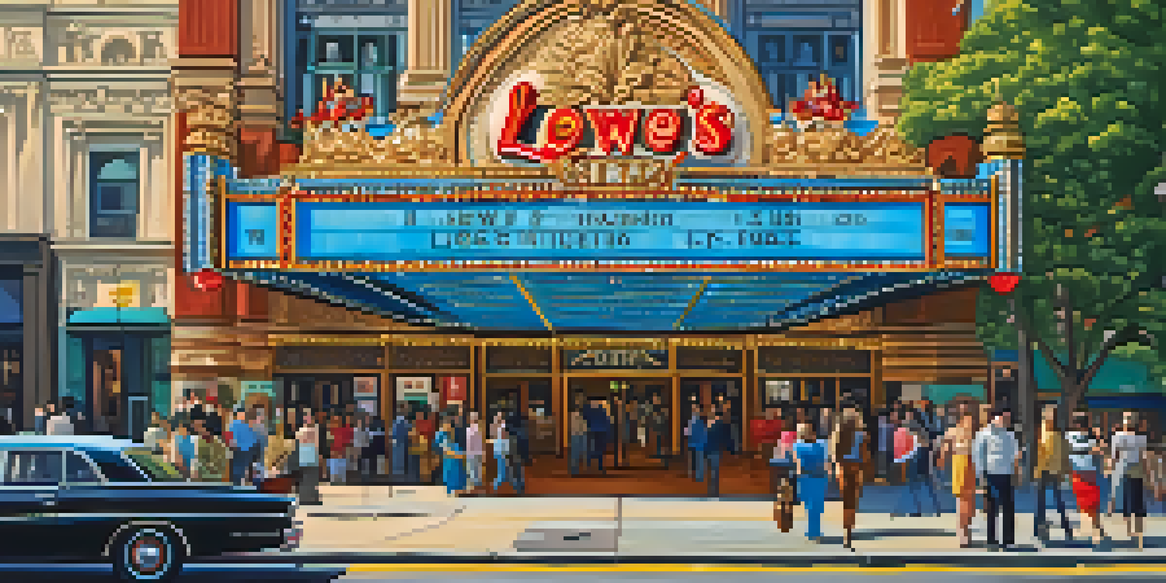 A sunny street scene showcasing the historic Loew's Jersey Theatre with its ornate architecture and vintage marquee lights, surrounded by people and vibrant flowers.