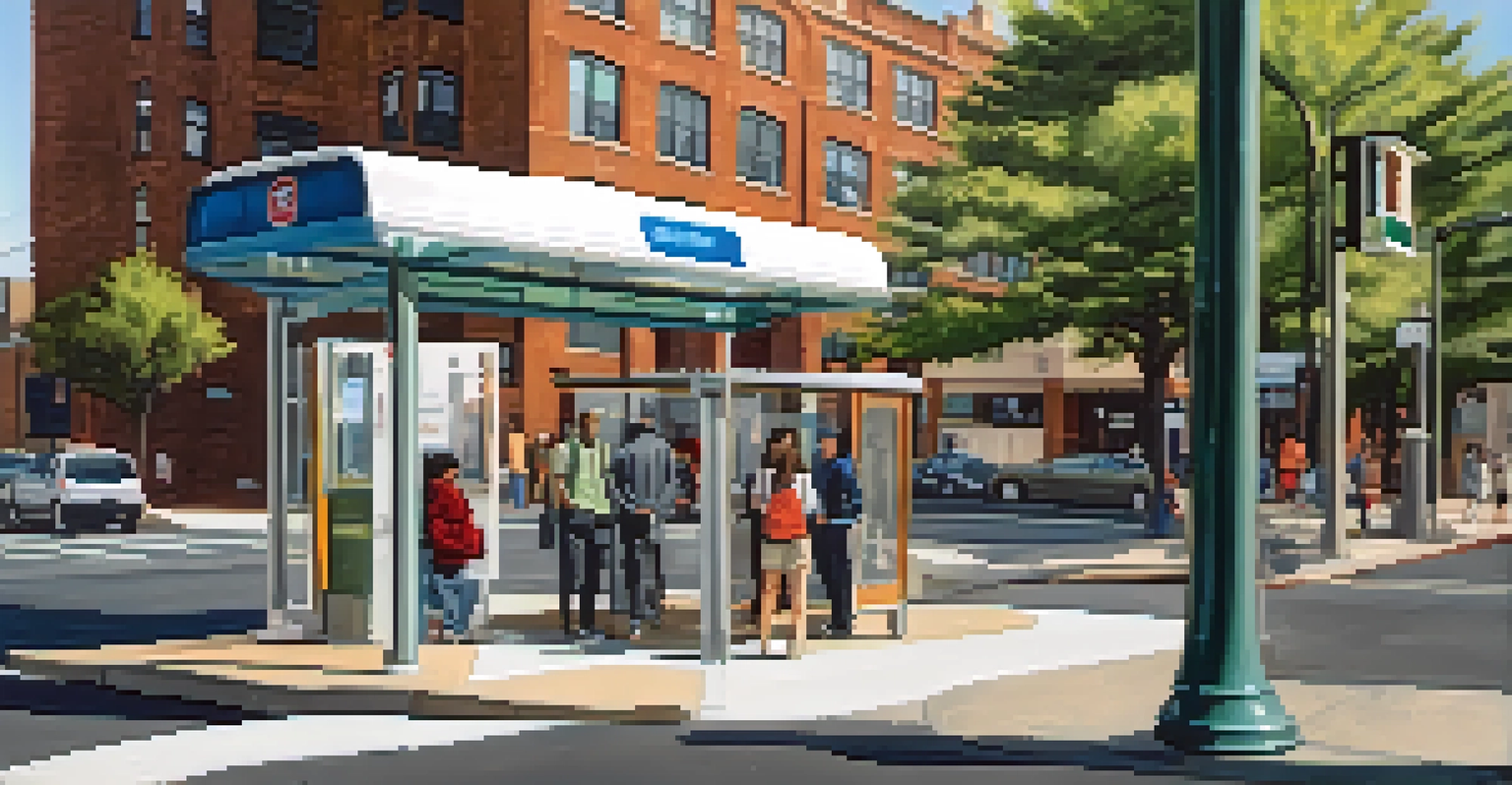 A modern bus stop in Jersey City with a bus arriving and commuters waiting comfortably.