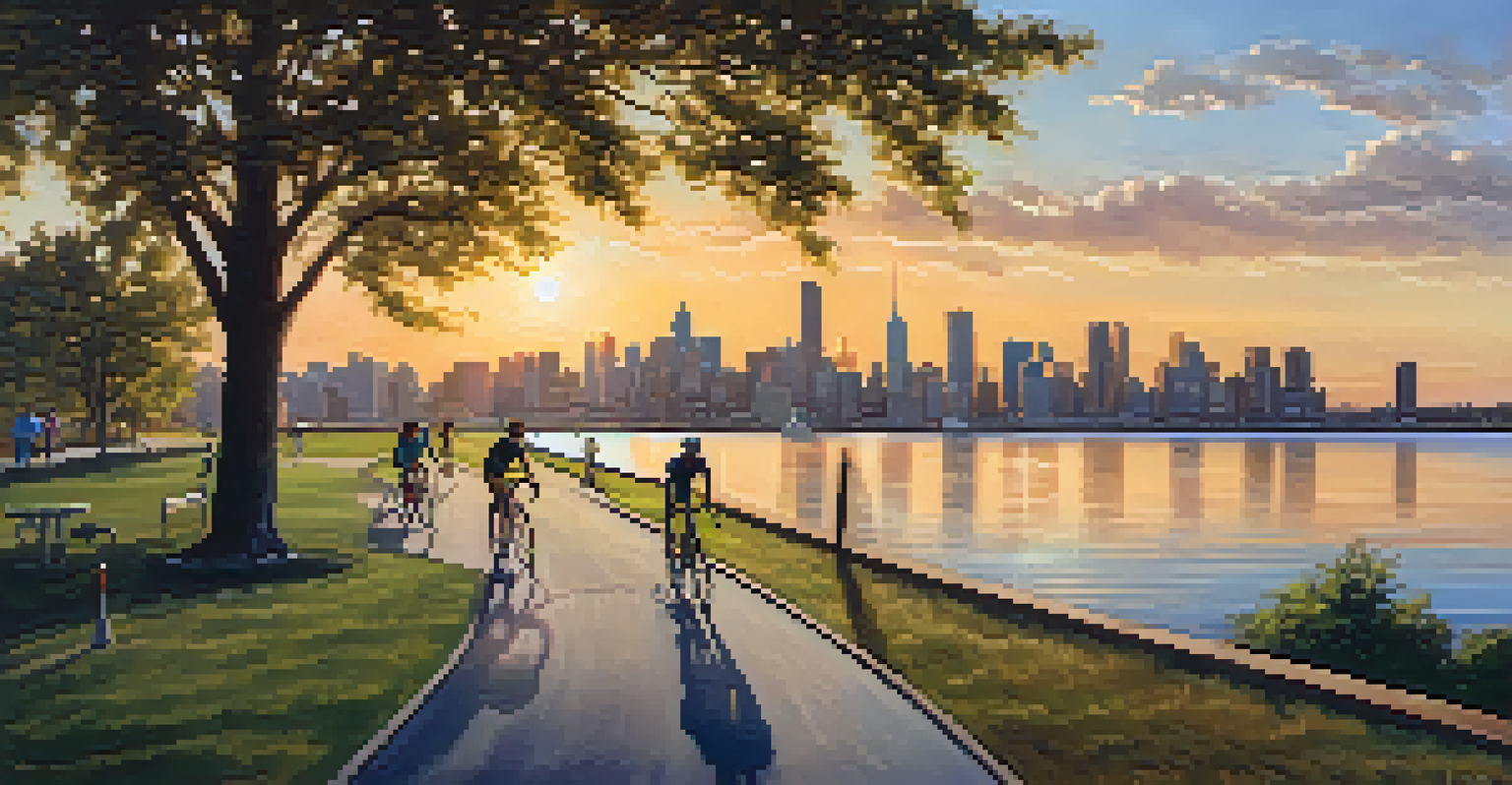A group of friends cycling by the waterfront in Jersey City with a skyline view and a sunset in the background.