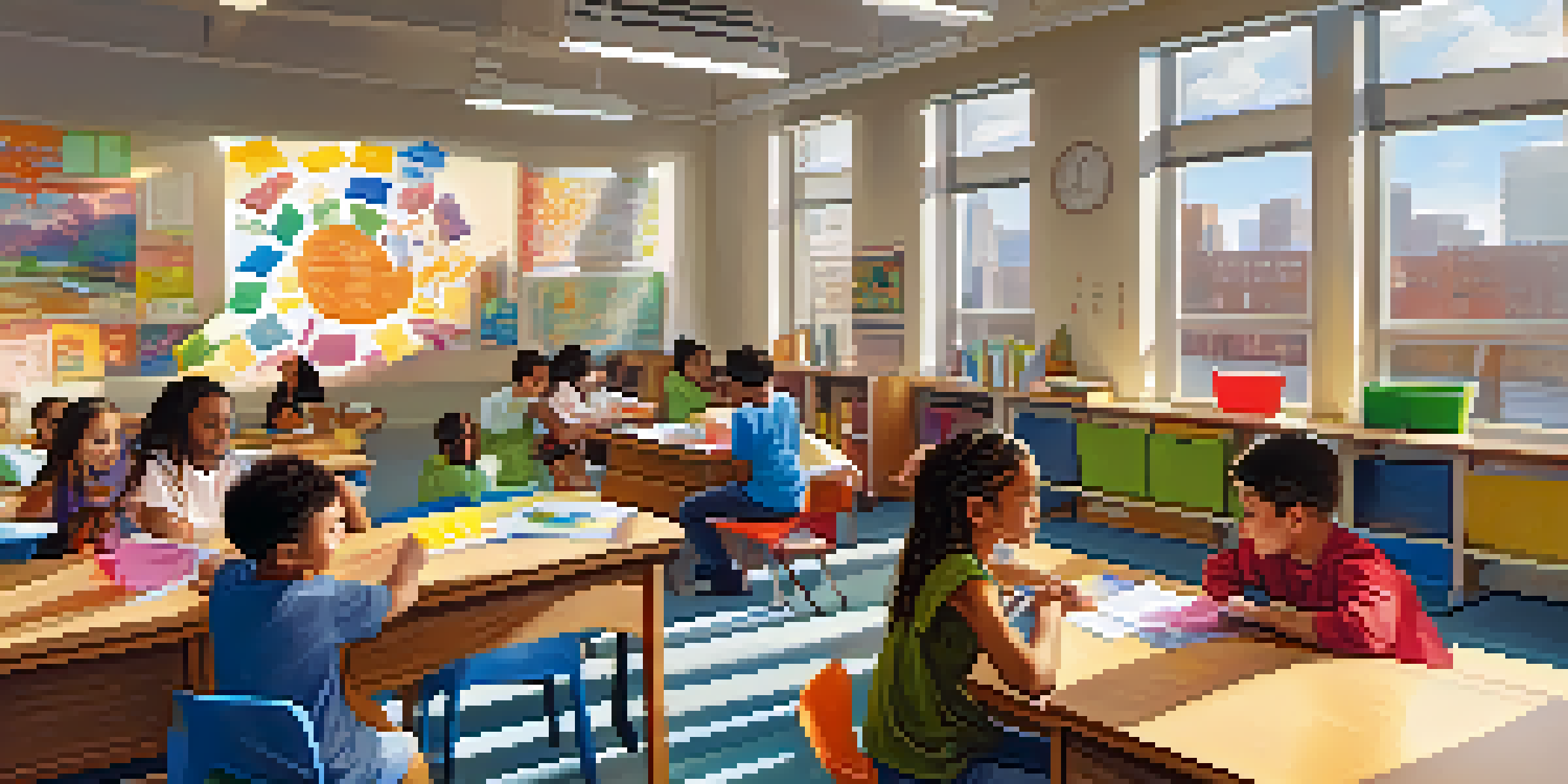 A diverse group of students in a colorful classroom, collaborating on learning activities with a special education teacher.