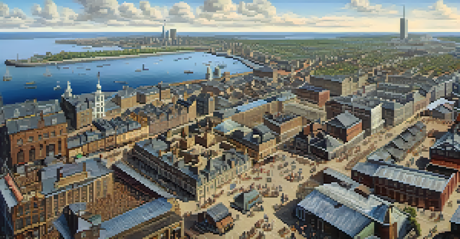 An aerial view of Jersey City after the Revolutionary War, illustrating its transformation with new roads, buildings, and a lively marketplace.