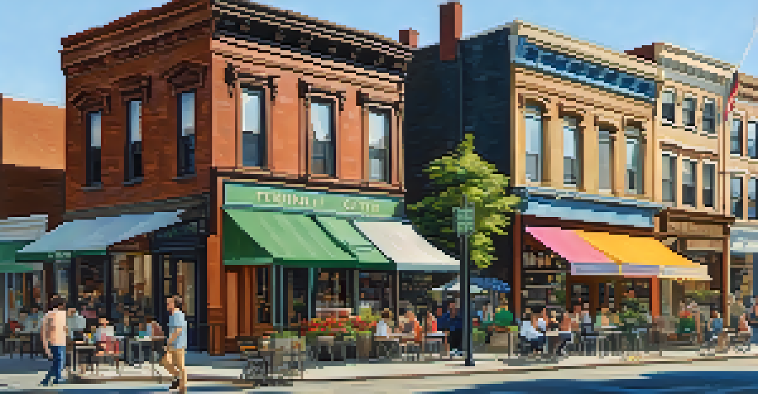 A lively streetscape in Journal Square, Jersey City, with brownstone buildings, shops, and pedestrians enjoying the day.