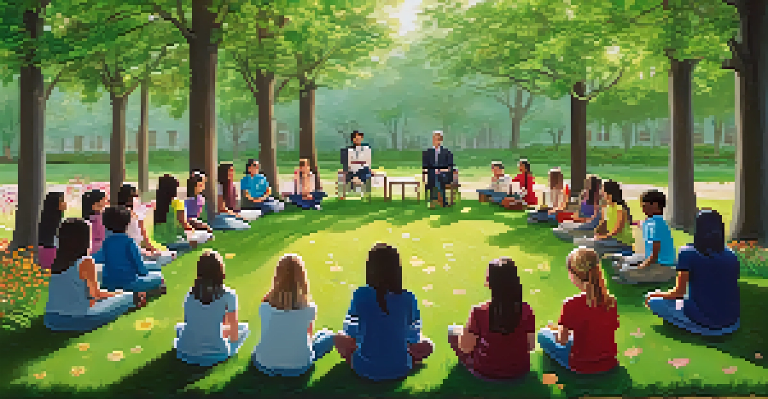 Students sitting in a circle in a school garden, participating in a wellness program with a counselor.
