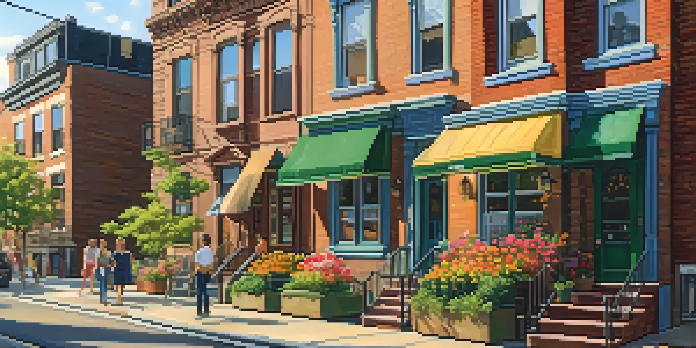 A lively street in Jersey City featuring historic brownstone buildings and people chatting on the sidewalk, illuminated by warm sunlight.