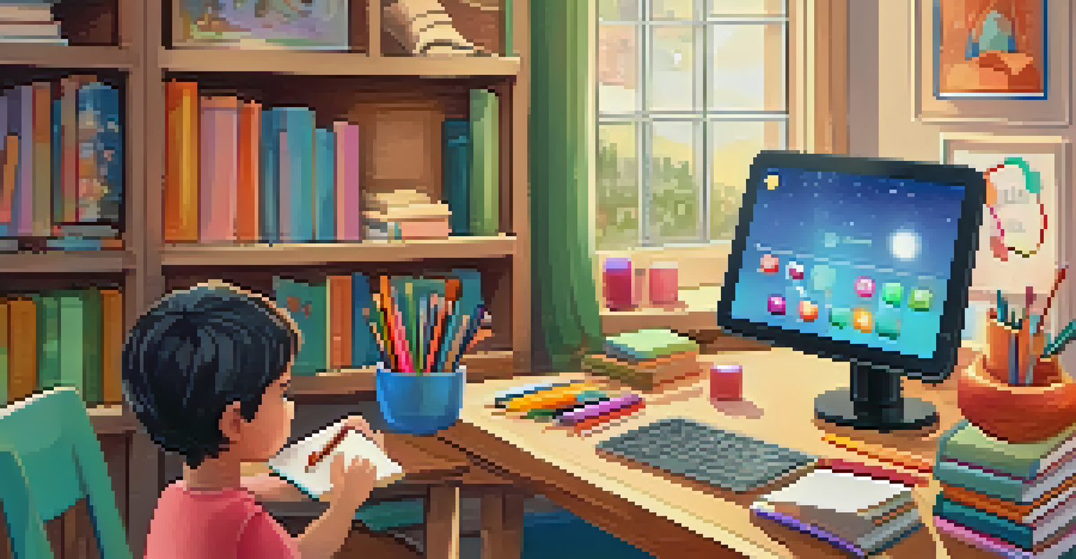 A child's hands typing on a tablet surrounded by educational materials in a cozy home study area.