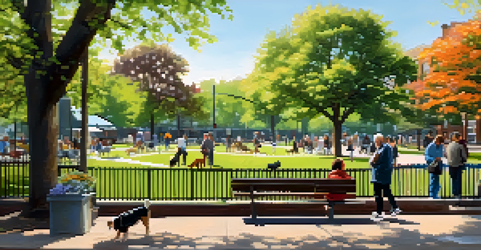 A community park scene with dogs playing in a fenced area and owners socializing on benches.