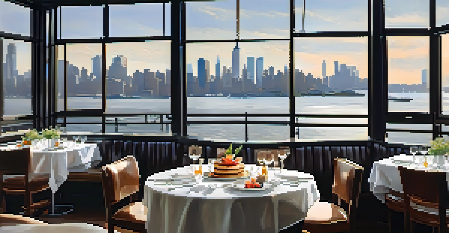 A stylish brunch scene at Battello featuring a ricotta pancake with seasonal fruits, set against a backdrop of the Manhattan skyline through large windows.