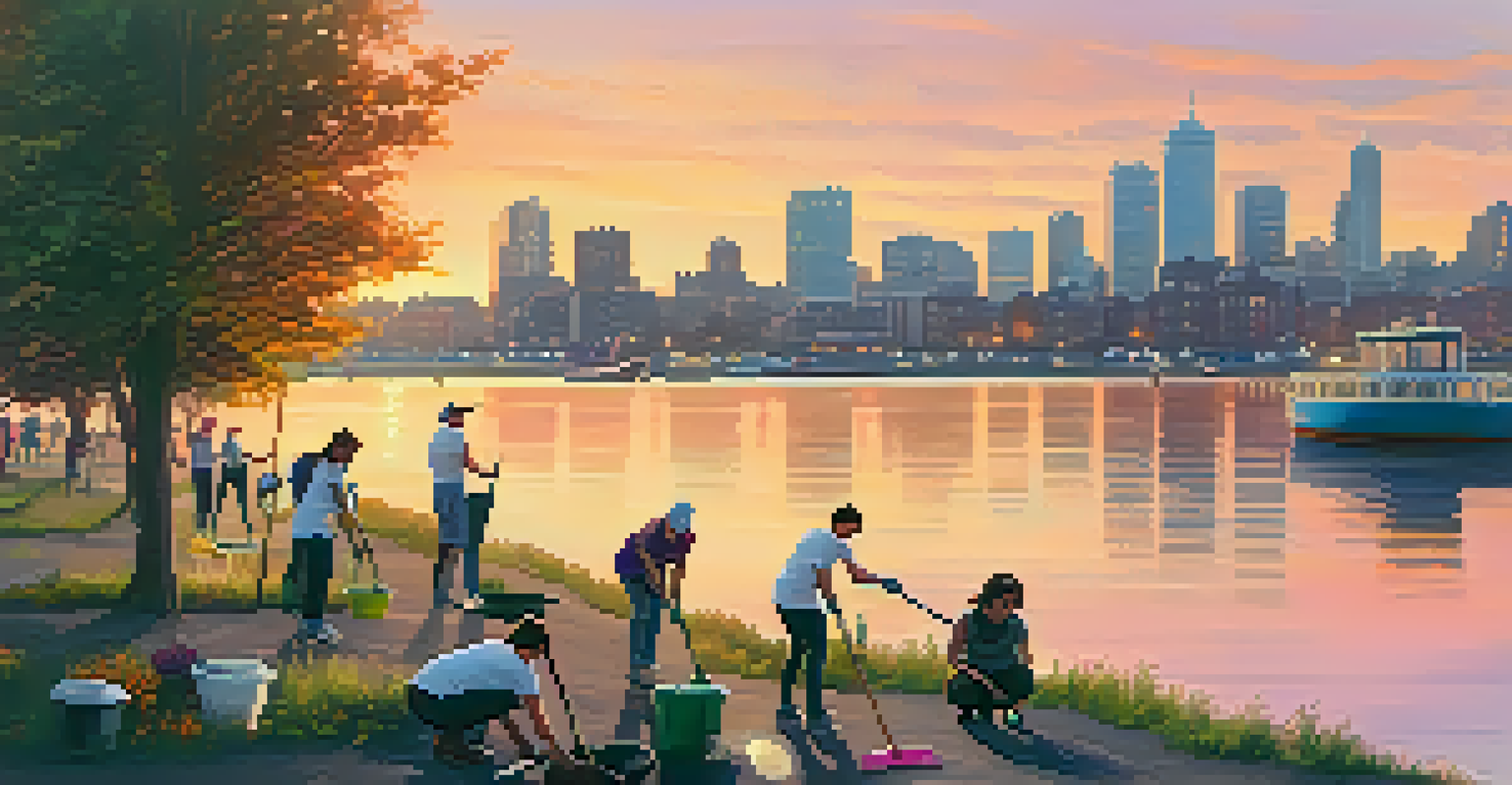 Volunteers cleaning up the waterfront in Jersey City during sunset, with the city skyline in the background.