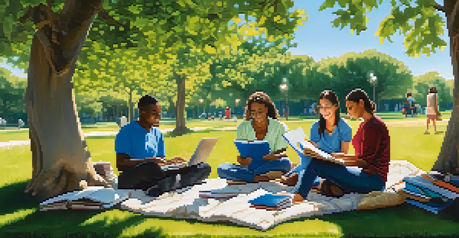 A group of adult learners studying together outdoors in a park, surrounded by greenery and books.