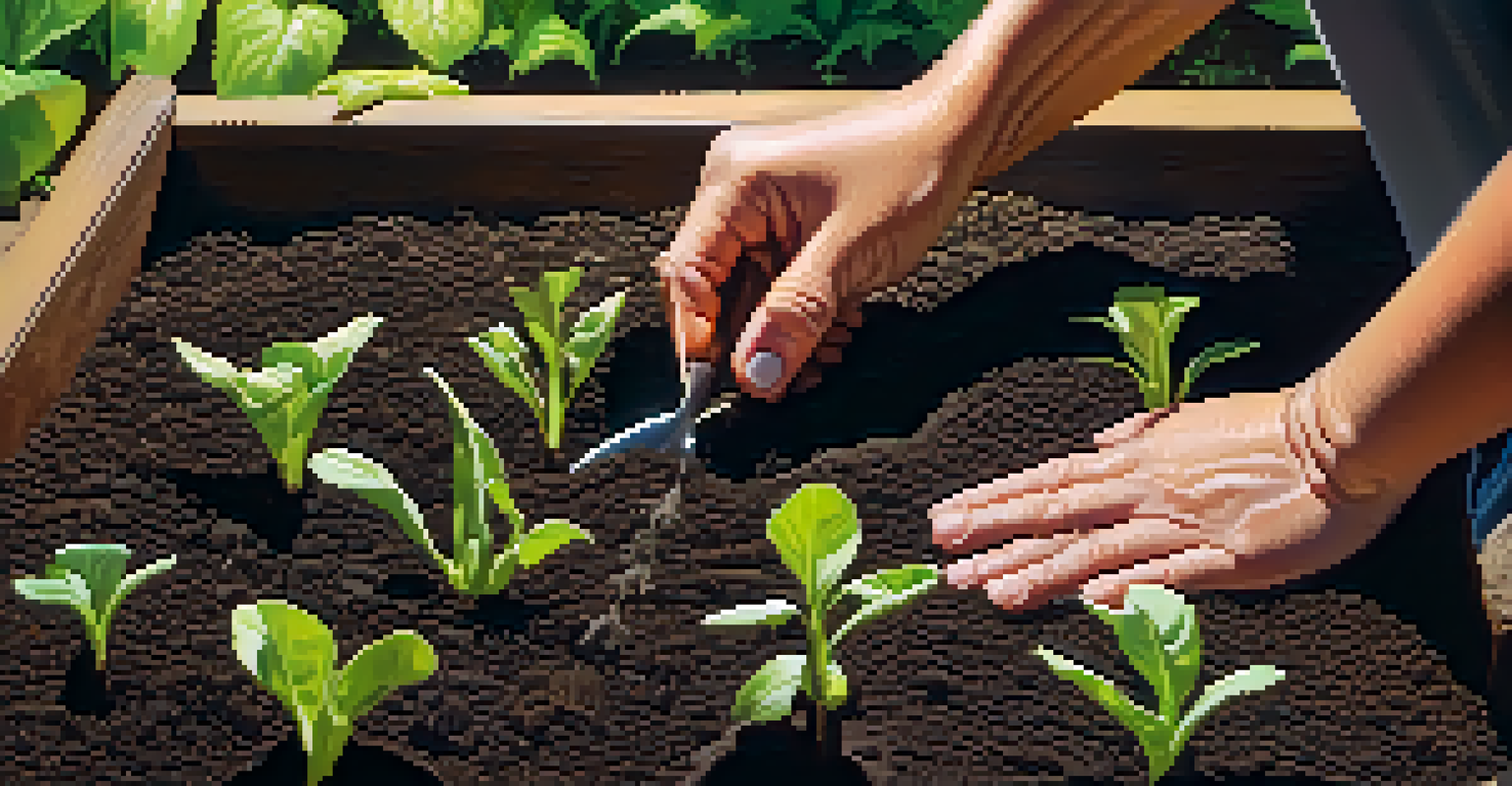Close-up of hands planting seeds in dark soil, with seedlings and a blurred background of vibrant flowers and green leaves.