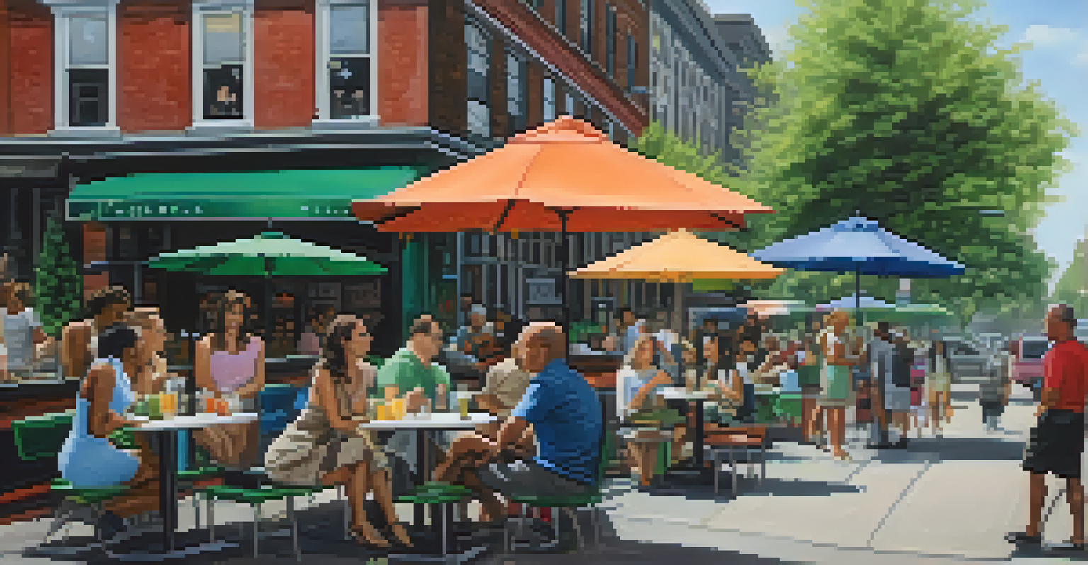 An outdoor cafe in Jersey City with colorful umbrellas, diverse patrons enjoying drinks, and a chalkboard sign with specials.