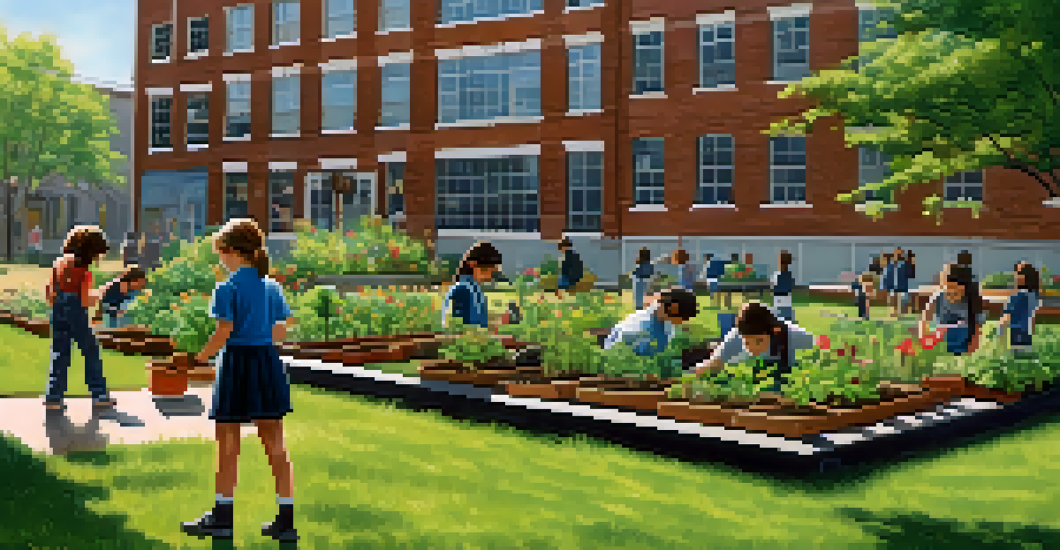 Students of diverse backgrounds working in a school garden, planting flowers and vegetables under the sun.