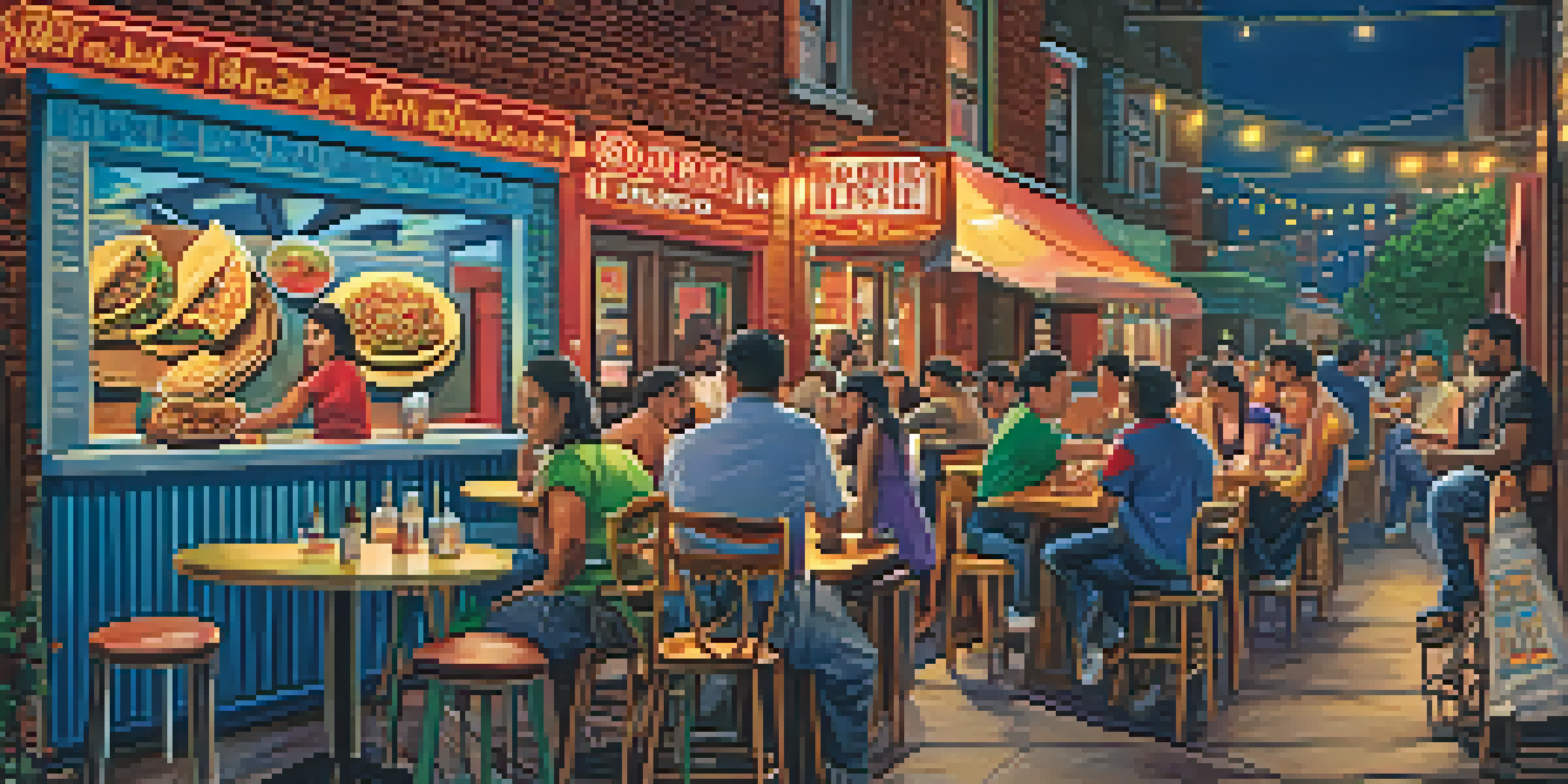 A lively outdoor dining scene at Tacos El Bronco in Jersey City, with diners enjoying tacos under warm lights and a colorful mural in the background.