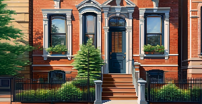 Historic brownstone in Jersey City with detailed brickwork and flower boxes, illuminated by golden hour sunlight.