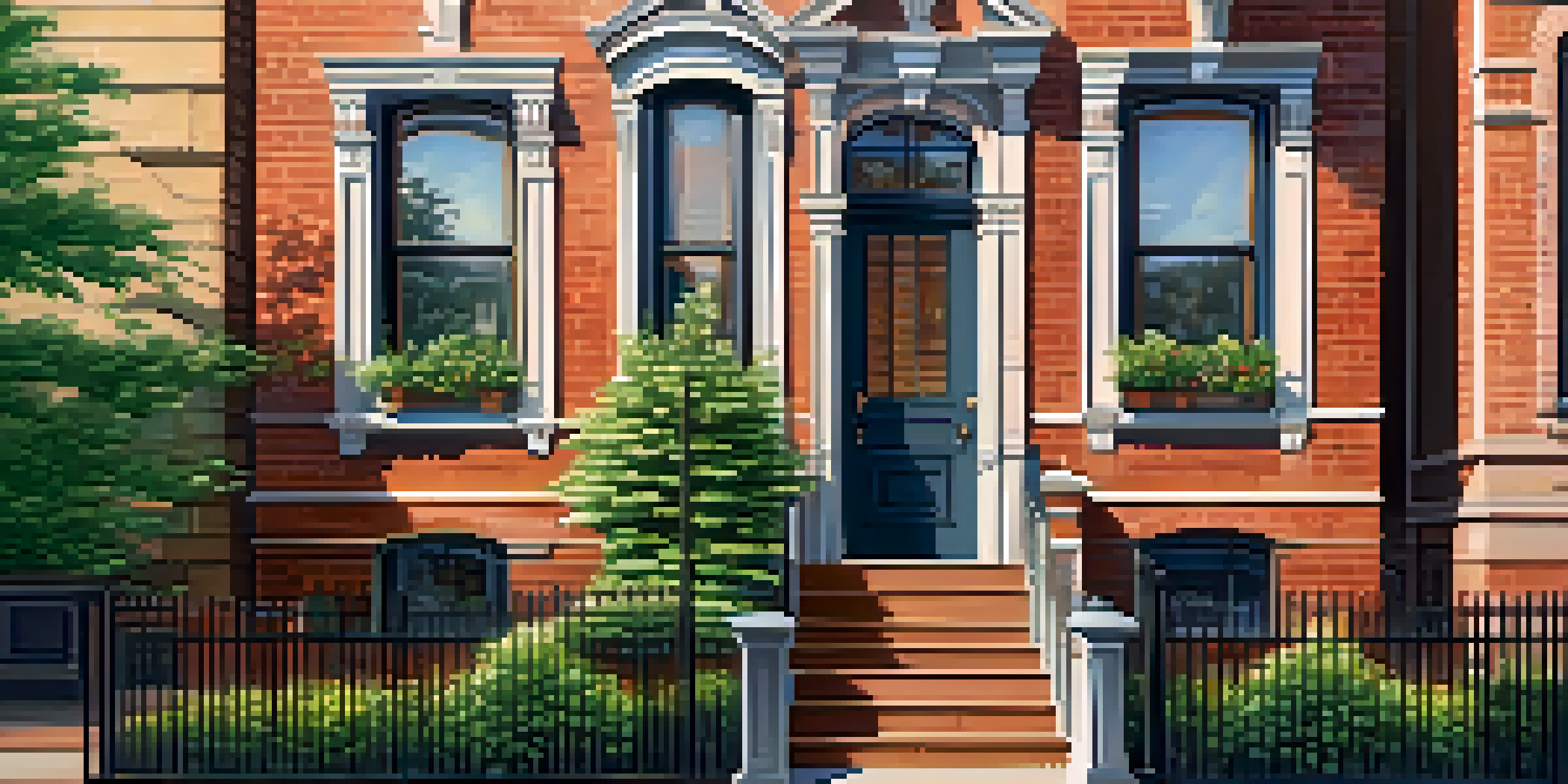 Historic brownstone in Jersey City with detailed brickwork and flower boxes, illuminated by golden hour sunlight.