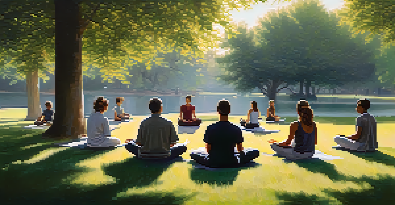 A group of individuals meditating outdoors in a park, surrounded by trees and flowers, with soft morning light filtering through the branches.