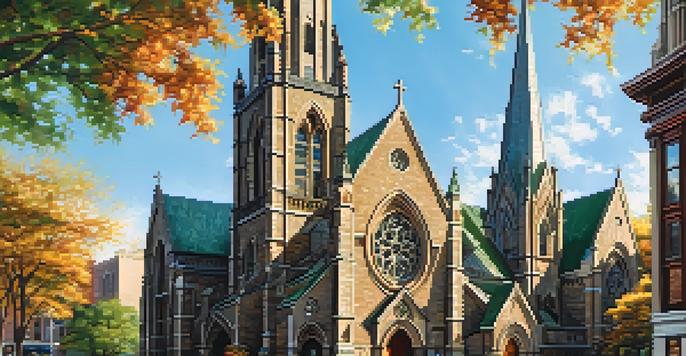 Exterior view of St. Peter's Church with Gothic architecture and blue sky.