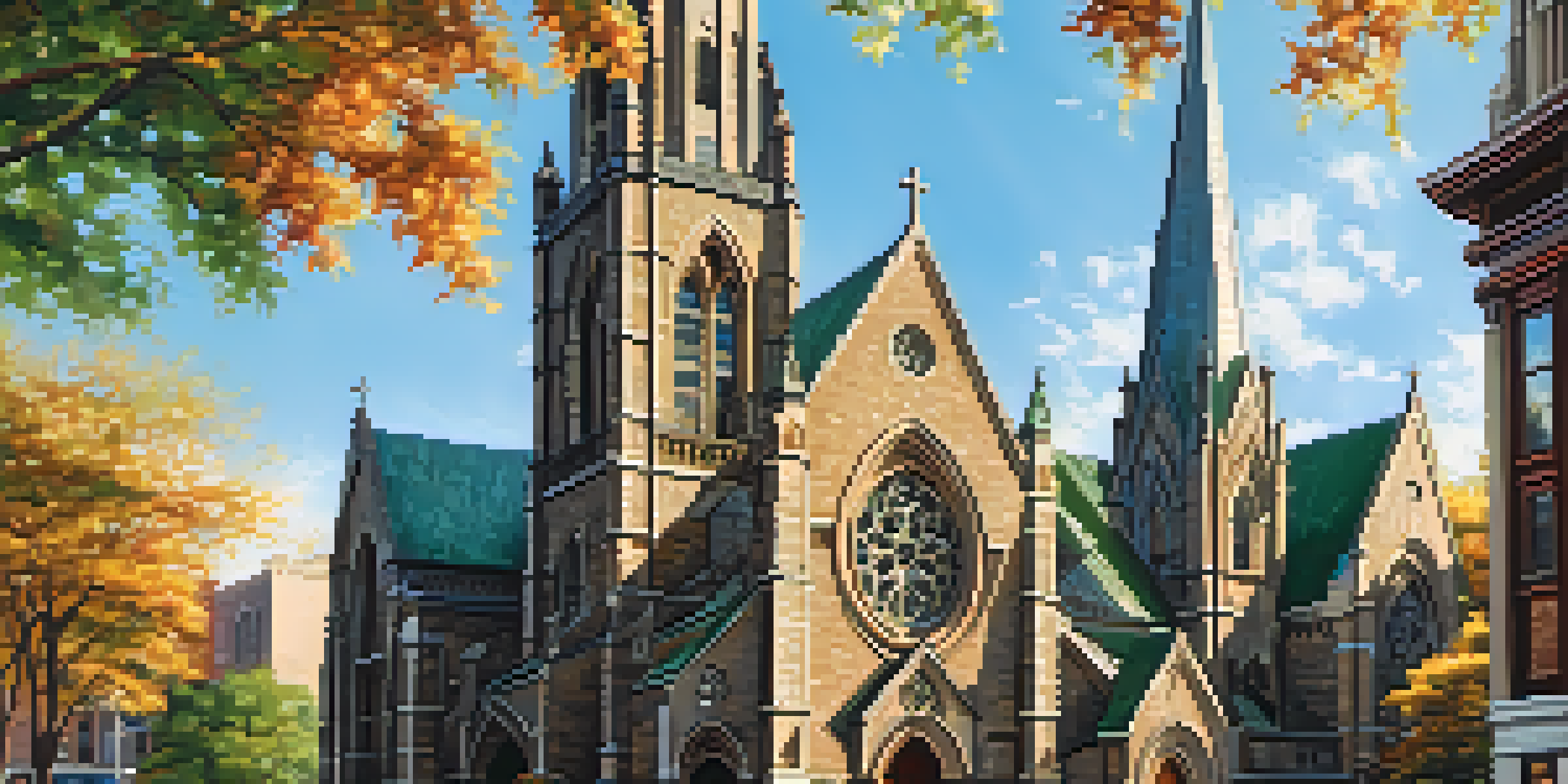 Exterior view of St. Peter's Church with Gothic architecture and blue sky.