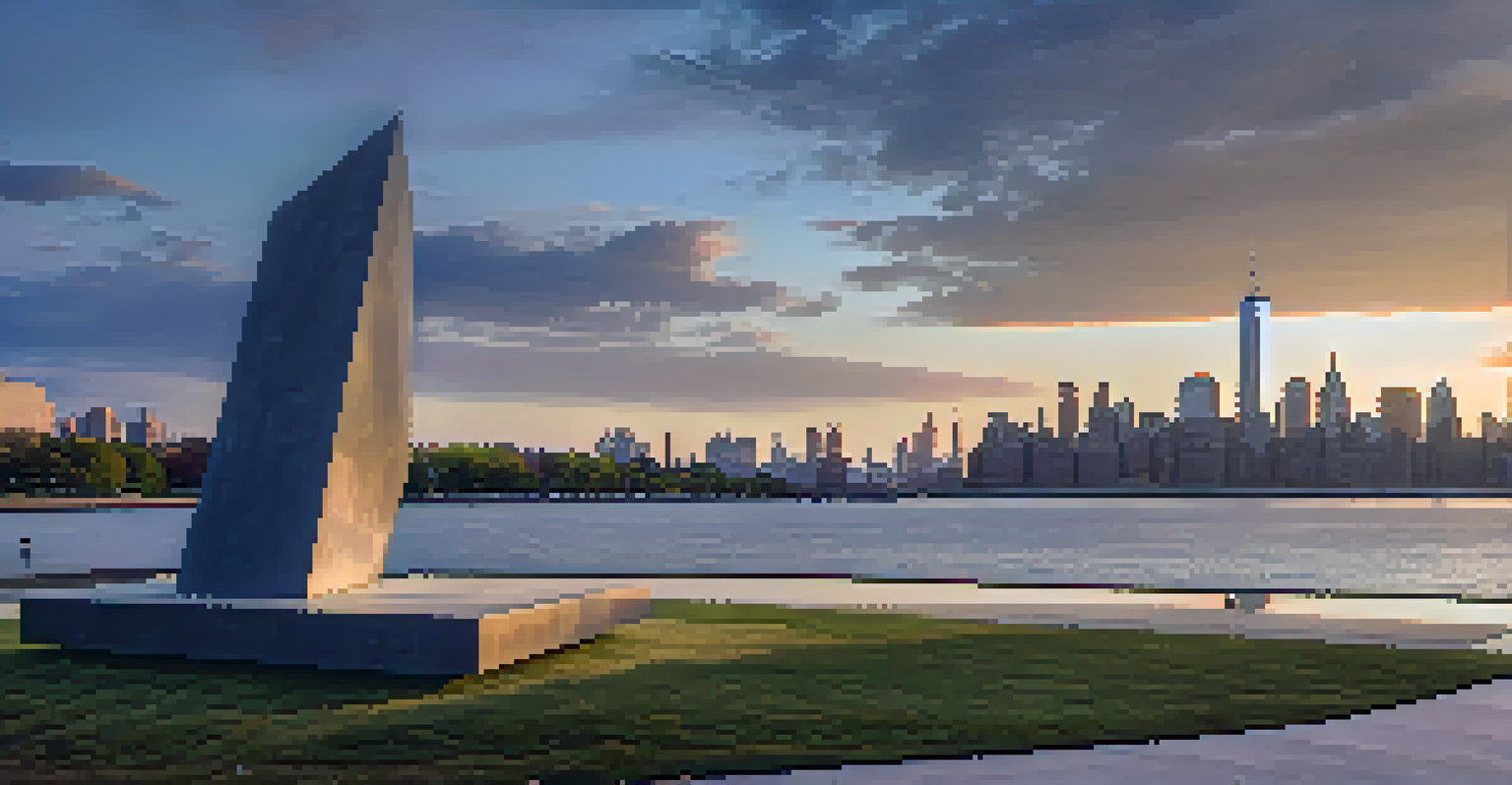 The Empty Sky memorial at sunset in Liberty State Park, with visitors reflecting quietly and the Hudson River in the background.