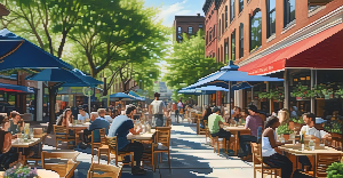 A lively street in Jersey City with outdoor dining areas of plant-based restaurants, colorful decor, and diners enjoying meals under the sunlight.