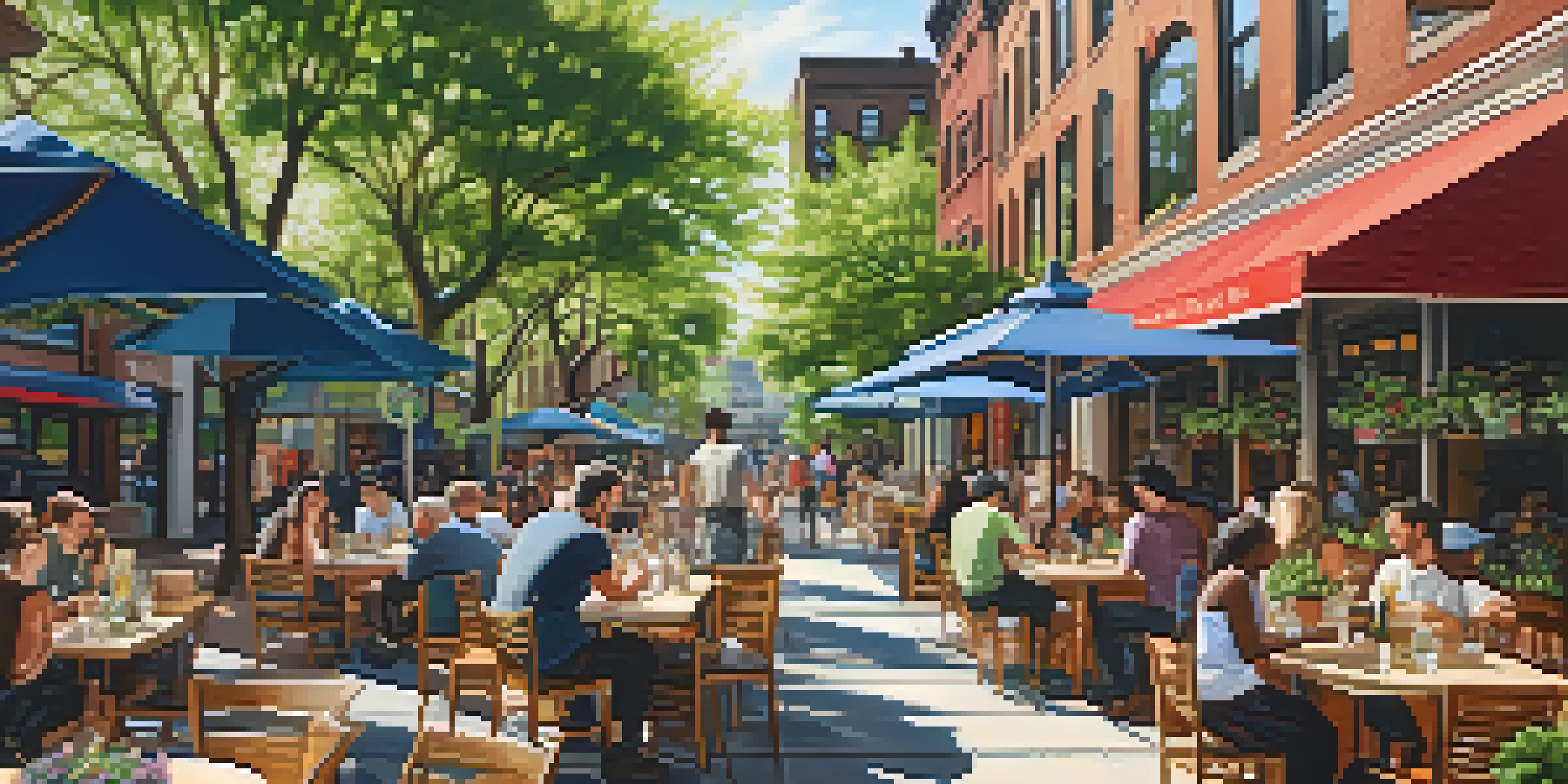 A lively street in Jersey City with outdoor dining areas of plant-based restaurants, colorful decor, and diners enjoying meals under the sunlight.