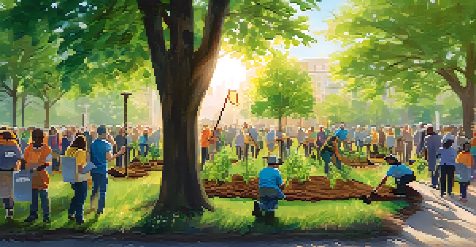 Community volunteers planting trees in a Jersey City park, showcasing teamwork and enthusiasm for sustainability.