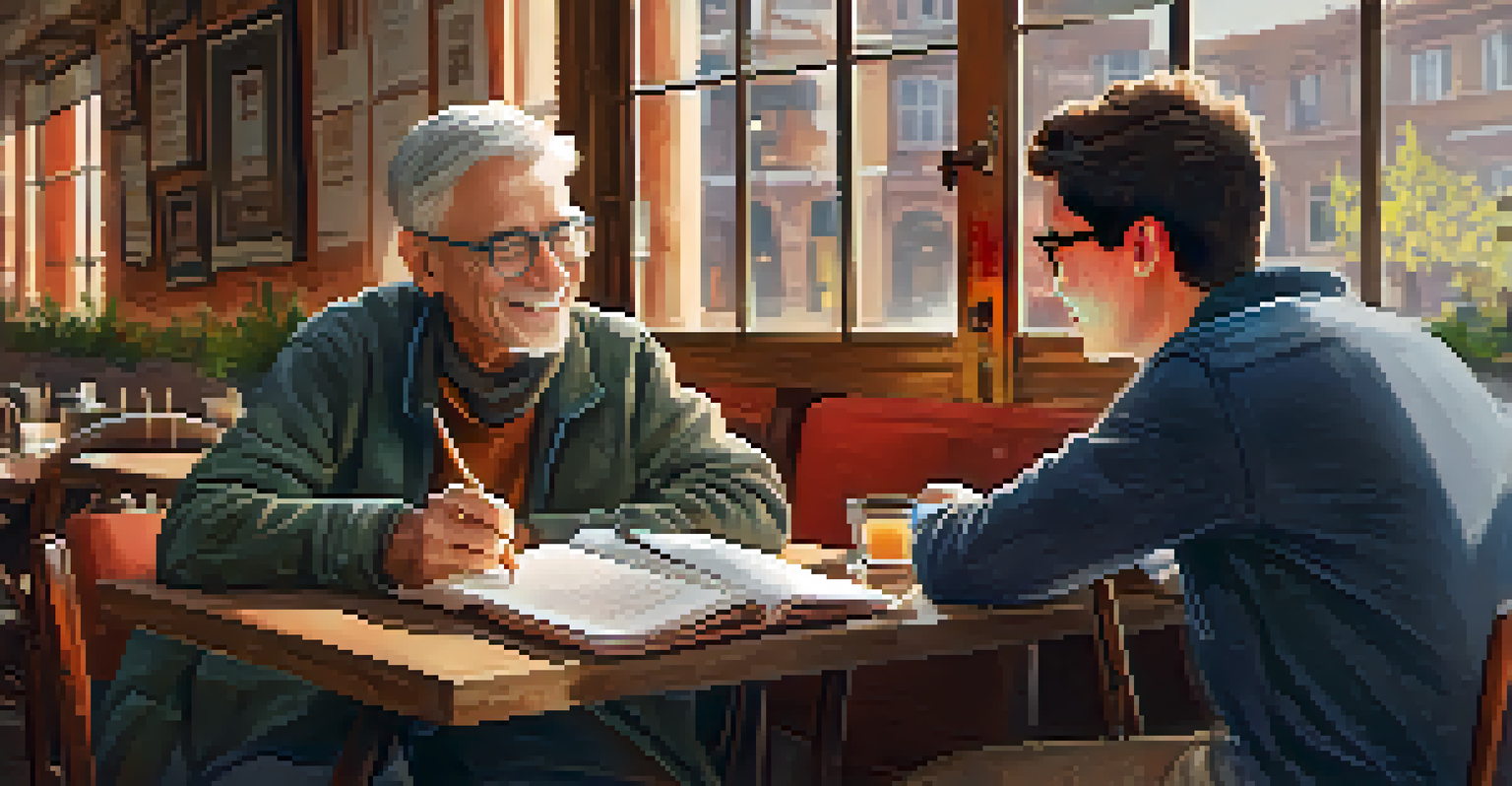 A mentor and a young mentee seated at a café table, discussing ideas with notebooks and coffee in a cozy environment.