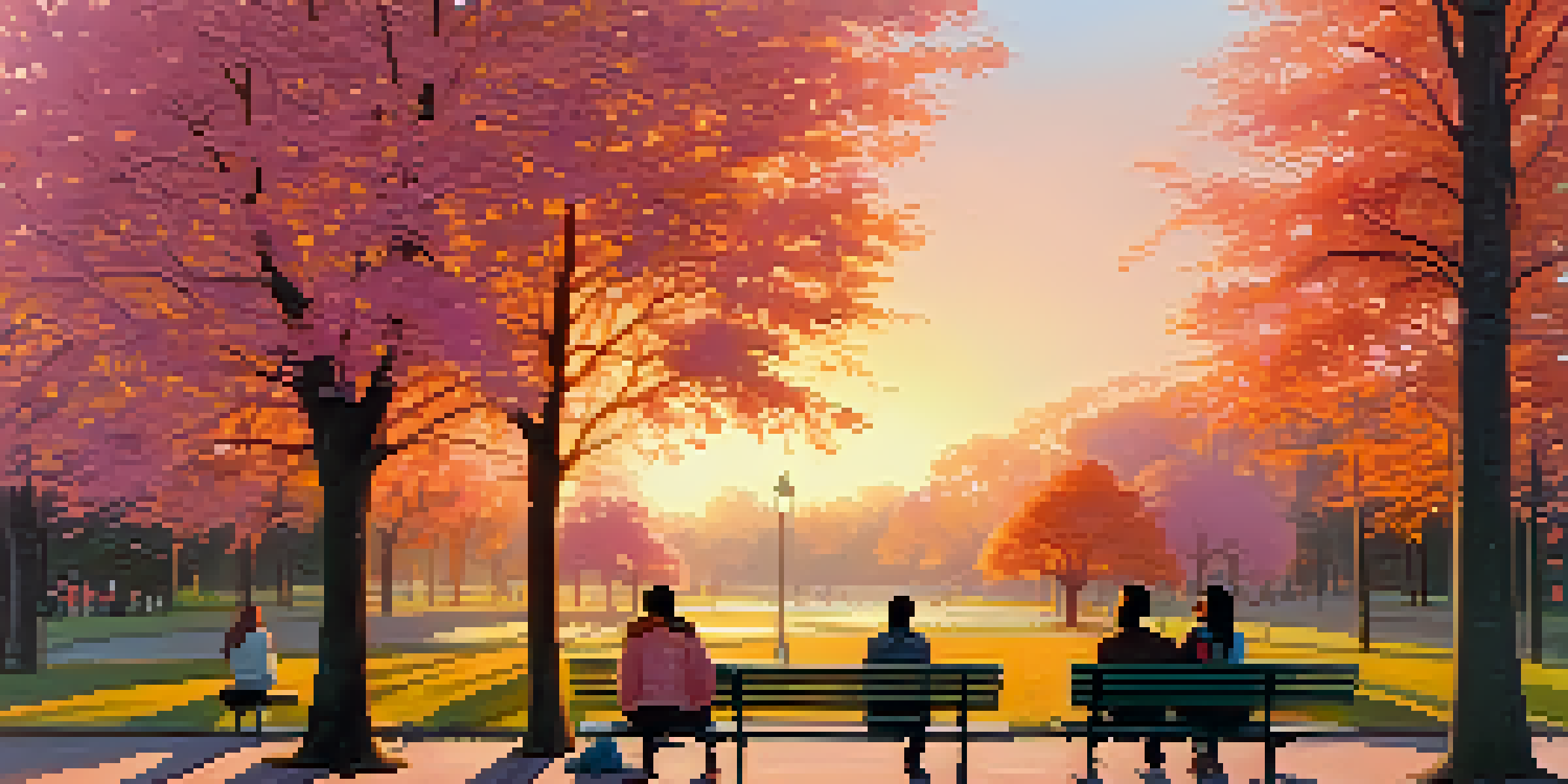 A peaceful park scene at sunset with people talking about mental health, surrounded by trees and colorful sky.