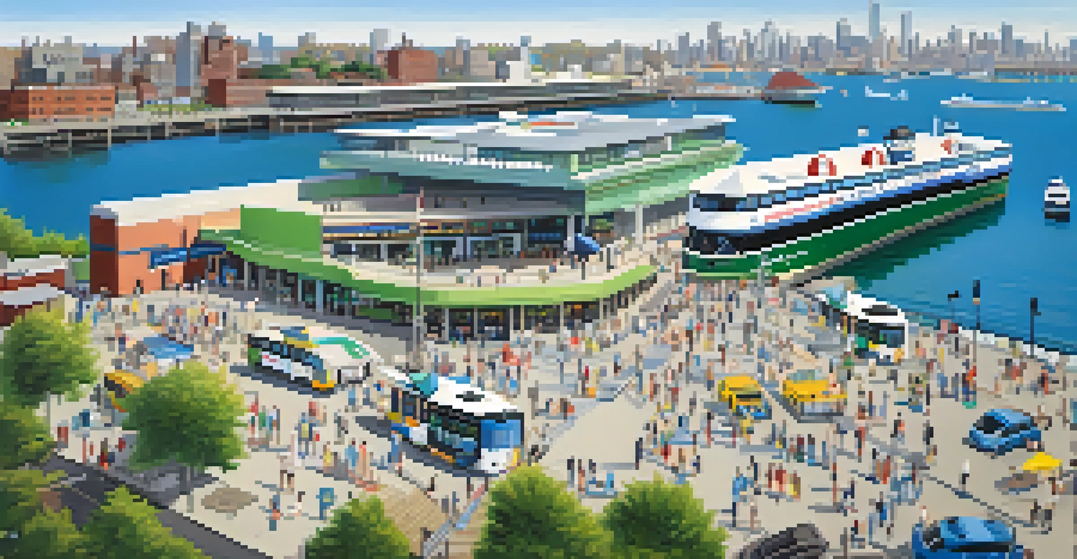 Aerial view of a busy Jersey City ferry terminal with commuters and colorful ferry boats.