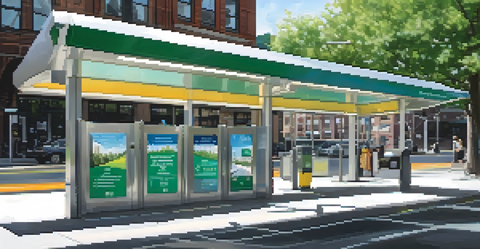A close-up of a modern bus rapid transit stop with commuters, featuring energy-efficient lighting and clear signage.