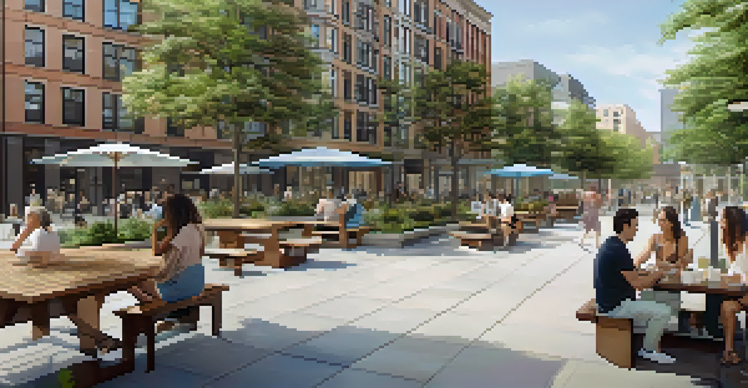 A mixed-use development in Jersey City with residential units and retail spaces, featuring a vibrant plaza with trees and benches.