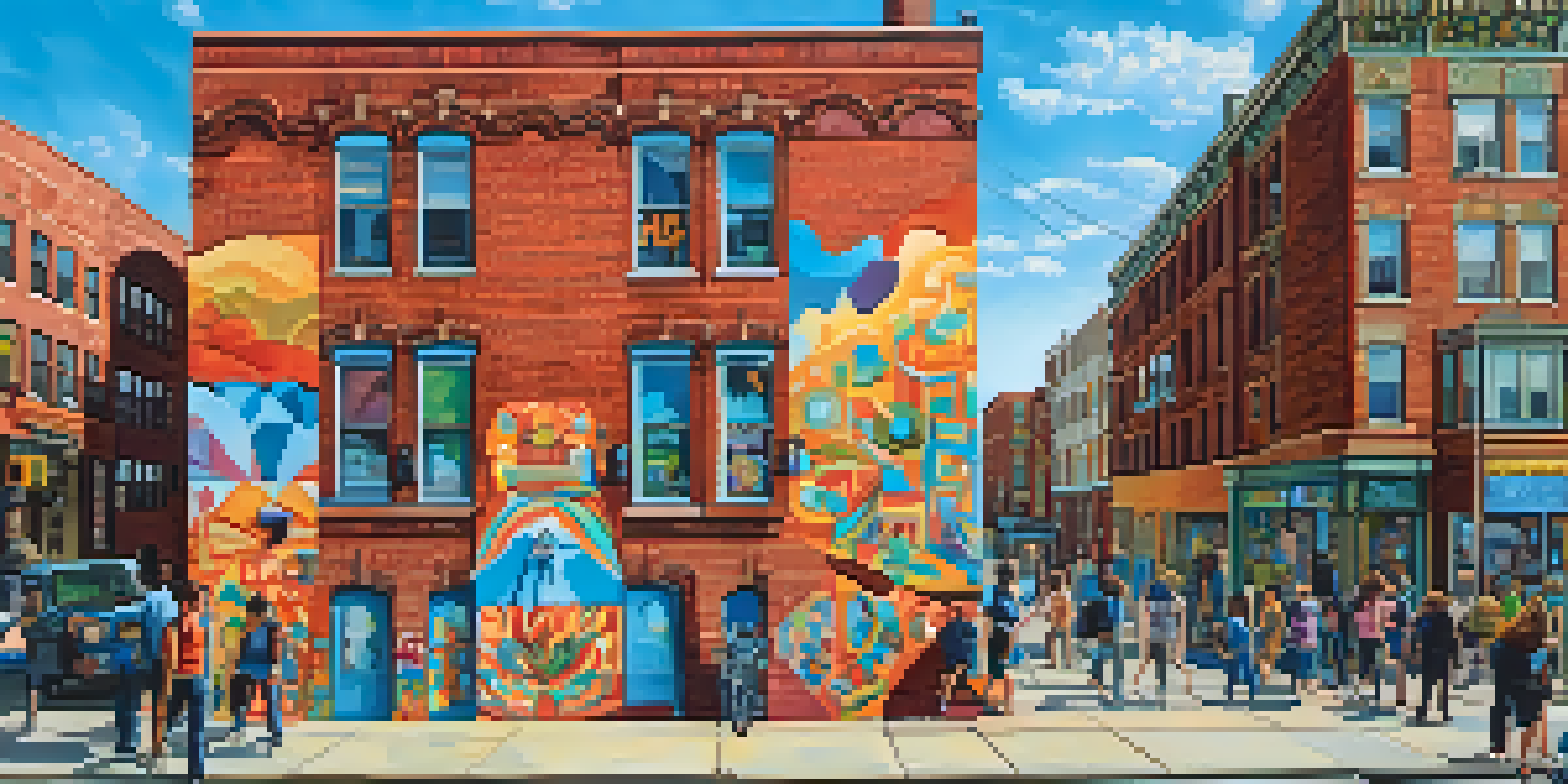 A lively street in Jersey City with a colorful mural on a building and people admiring the art.