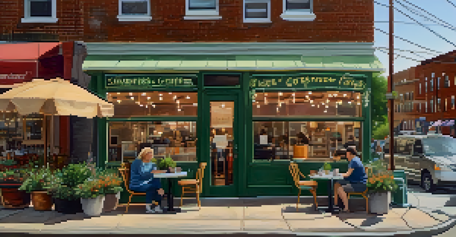 A cozy family-owned café in Journal Square with outdoor seating and customers enjoying coffee, showcasing the warmth of local businesses.