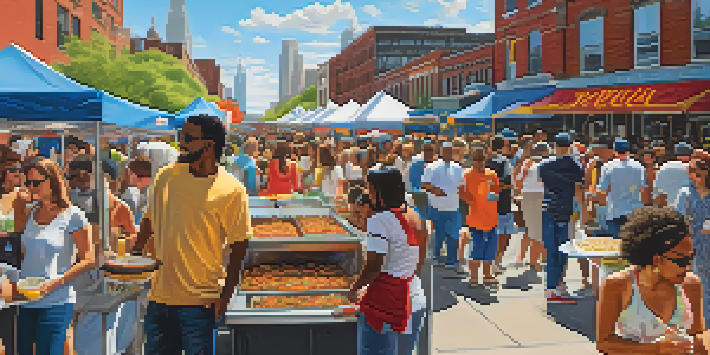 A lively food festival in Jersey City with various food stalls and families enjoying the event under a bright blue sky.