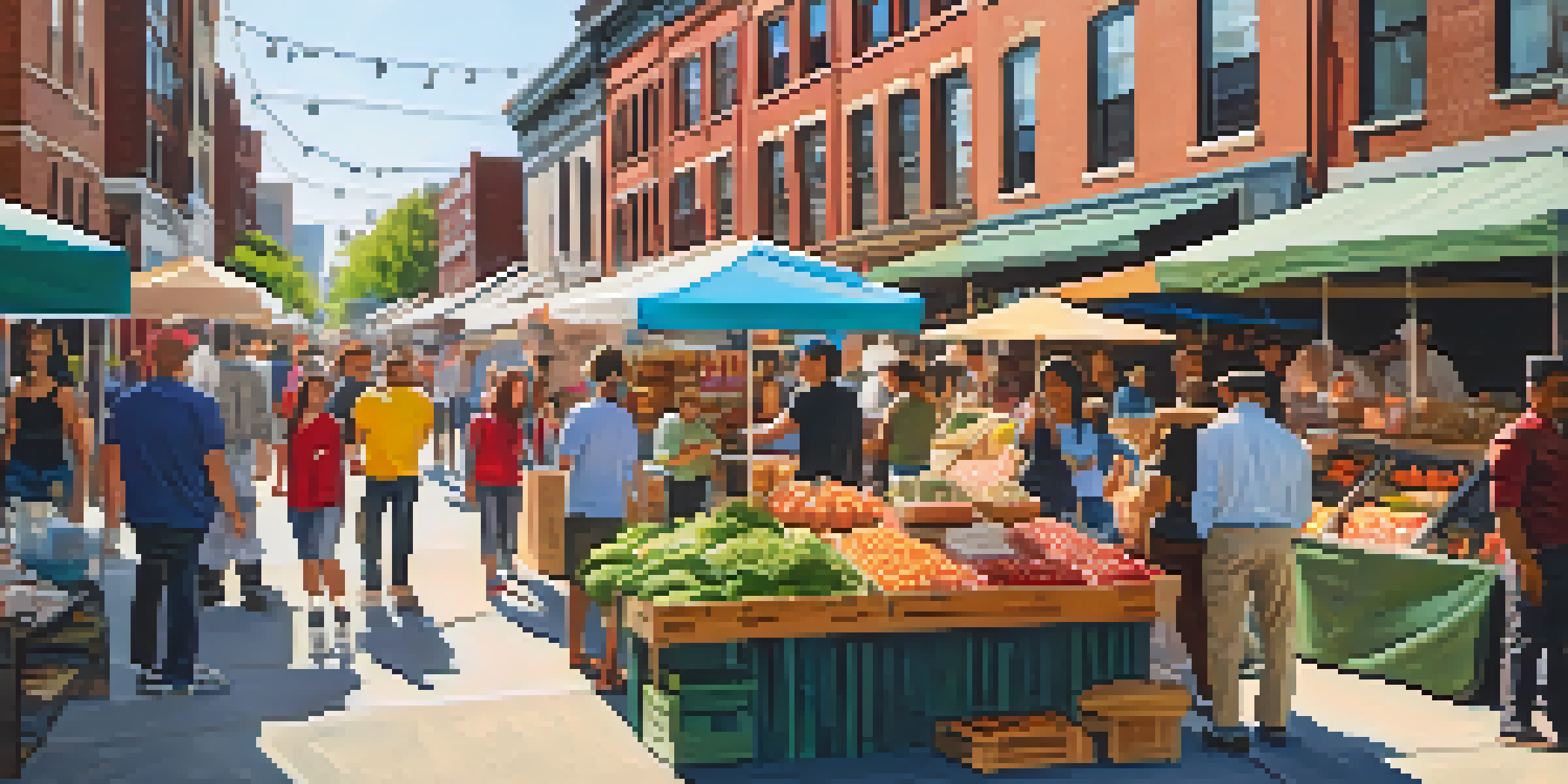 A lively outdoor market in Jersey City with diverse influencers interacting with locals and capturing moments on their smartphones.