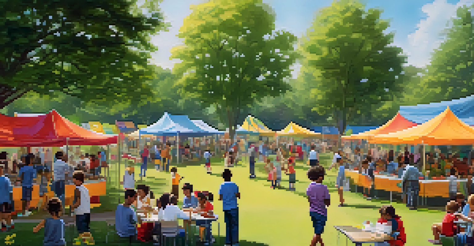Families and children enjoying a community event outside a public school, with colorful tents and activities.