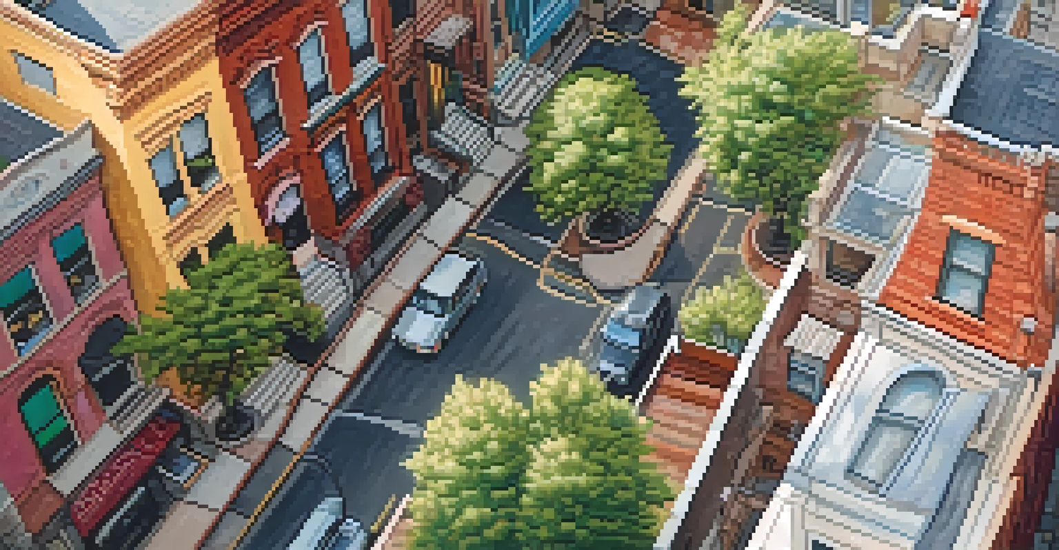 An aerial view of a Jersey City neighborhood with brownstones and contemporary apartments, filled with people and art.