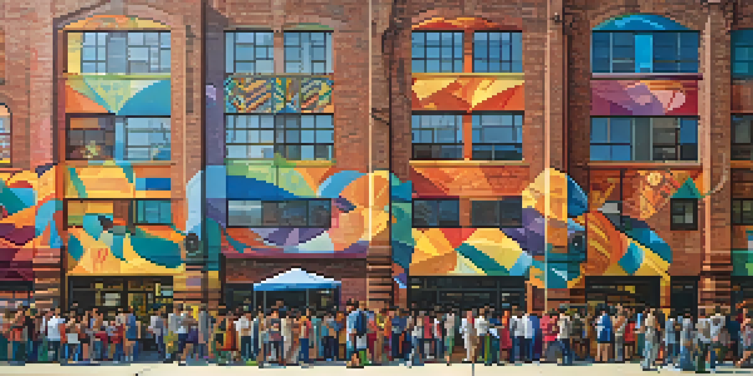 A colorful mural showing diverse people celebrating on a brick wall in Jersey City.