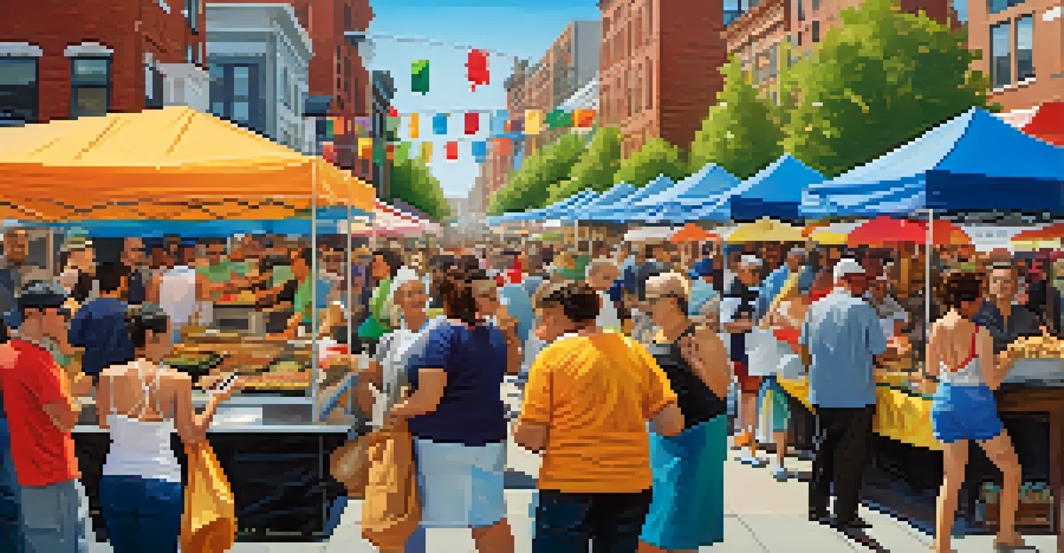 A lively cultural food festival in Jersey City with diverse food stands, people sampling dishes, and enjoying live music under a clear blue sky.