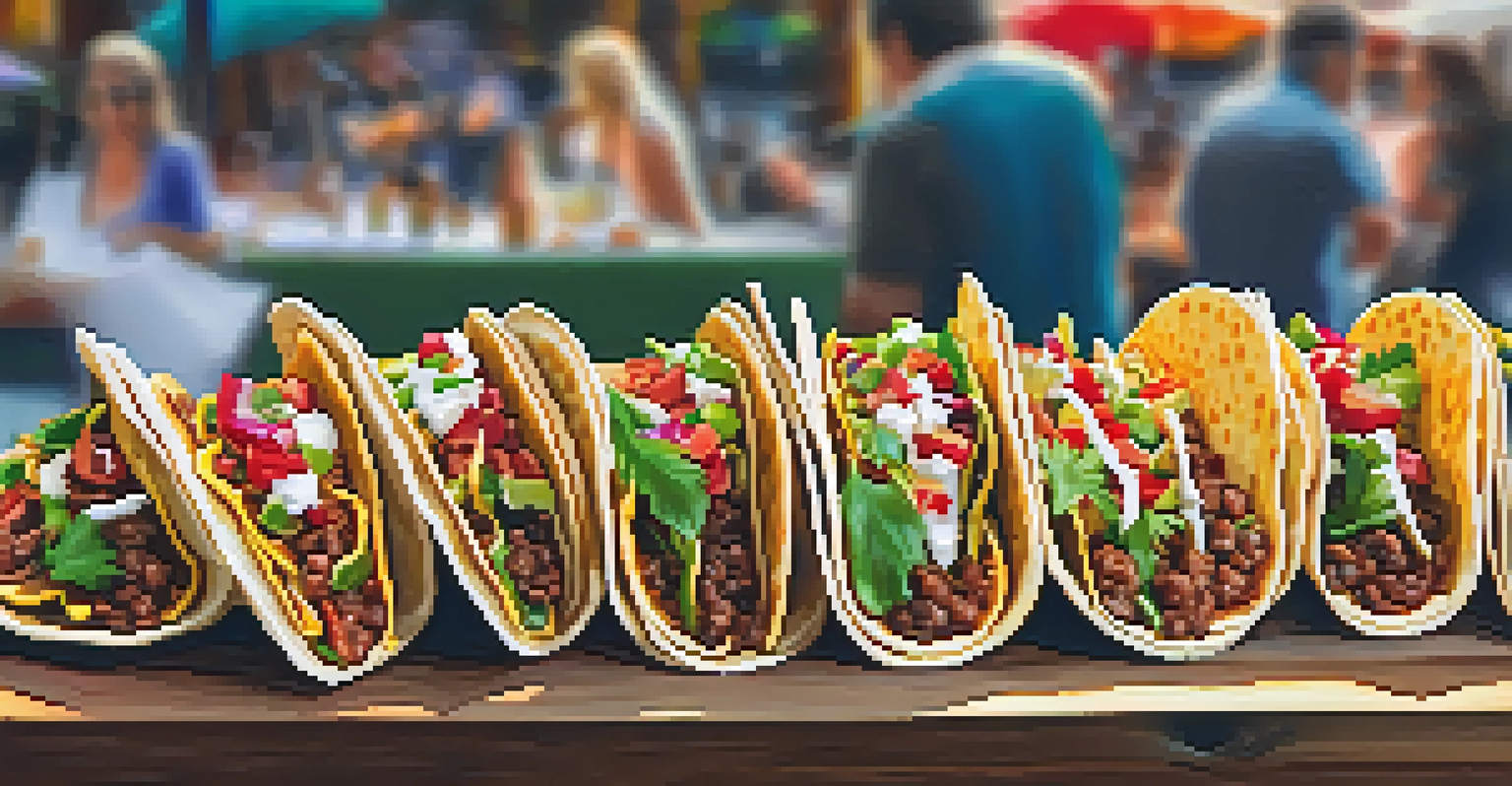 A close-up view of beautifully garnished gourmet tacos on a wooden table, showcasing fresh ingredients and vibrant colors.