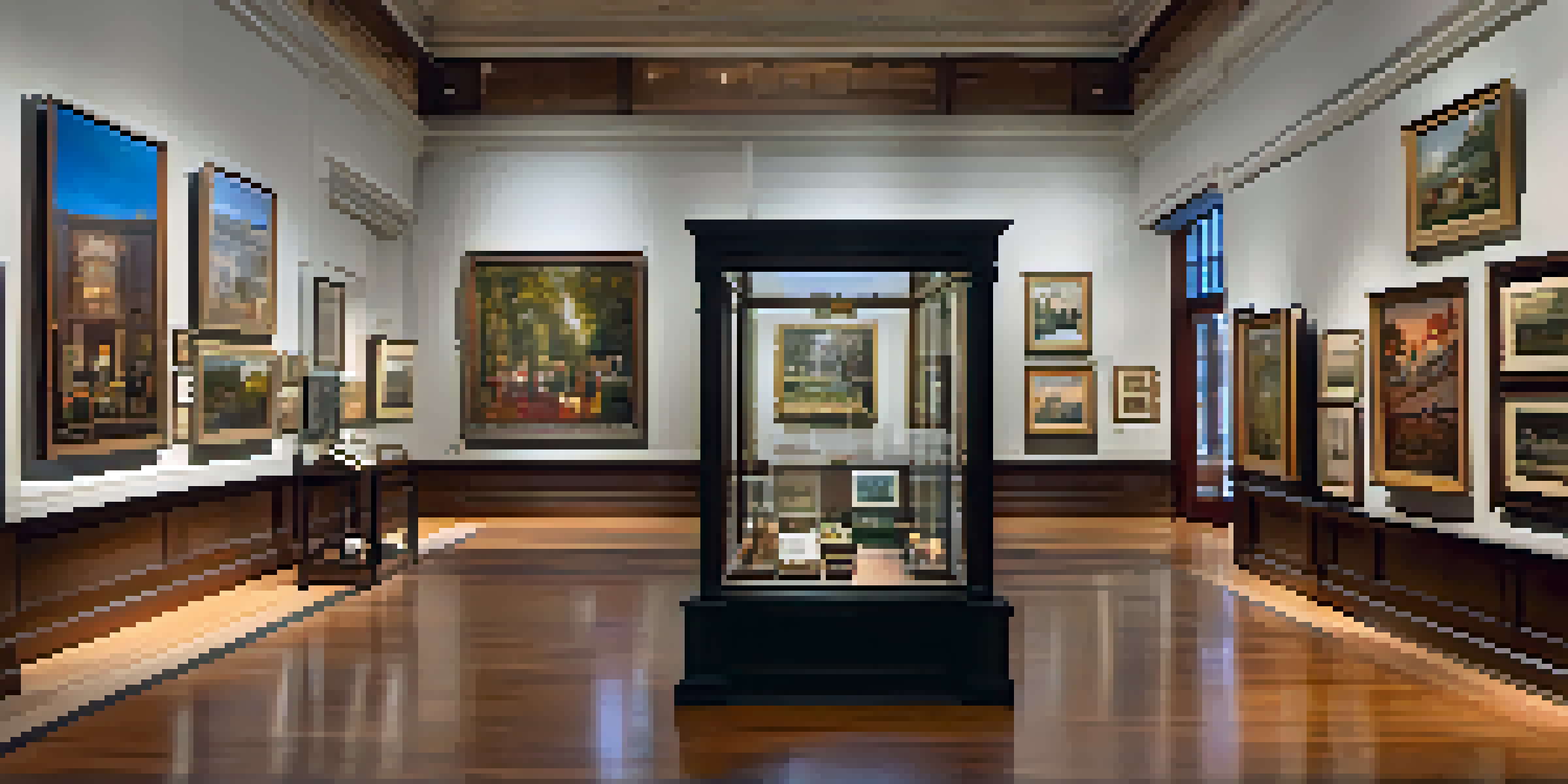 Interior view of the Jersey City Museum filled with historical artifacts and diverse visitors engaging with the displays.