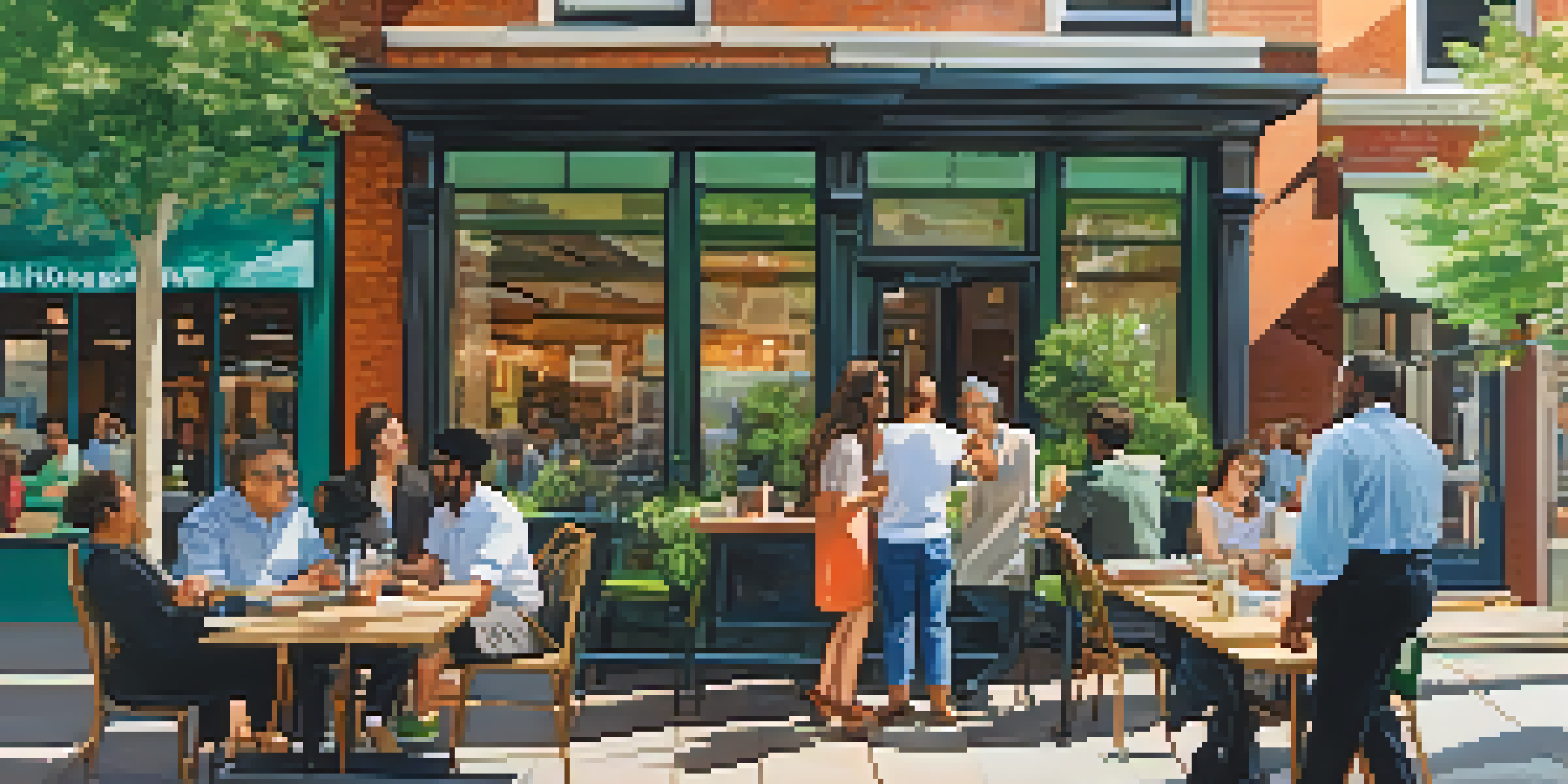 A diverse group of people discussing a map outside a café in Jersey City, with modern buildings and colorful storefronts in the background.