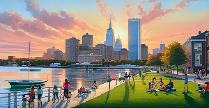 A lively waterfront area in Jersey City with modern buildings, green parks, people enjoying outdoor activities, and a sunset sky reflecting in the water.