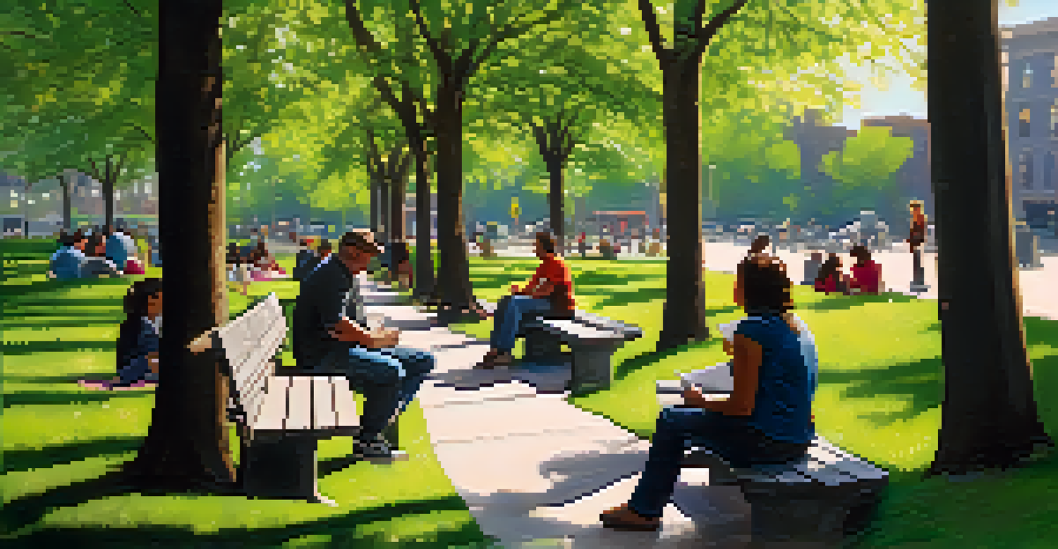 A serene park in Jersey City with diverse individuals having conversations, surrounded by blooming flowers and green trees in a peaceful atmosphere.