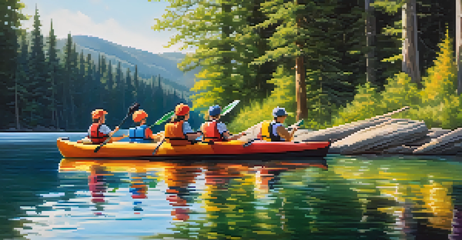 Children kayaking on a lake during a summer camp, enjoying the outdoors with trees in the background.