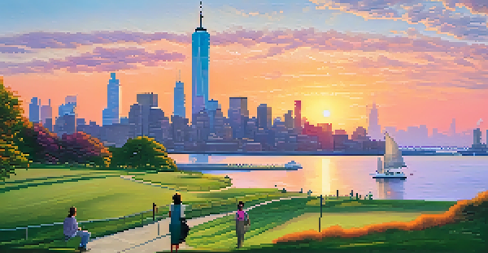 A sunset view of Liberty State Park with the Manhattan skyline and the Statue of Liberty in the background, surrounded by greenery and a winding path.