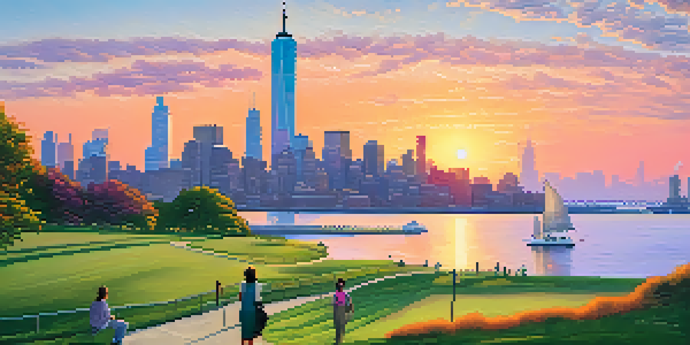 A sunset view of Liberty State Park with the Manhattan skyline and the Statue of Liberty in the background, surrounded by greenery and a winding path.