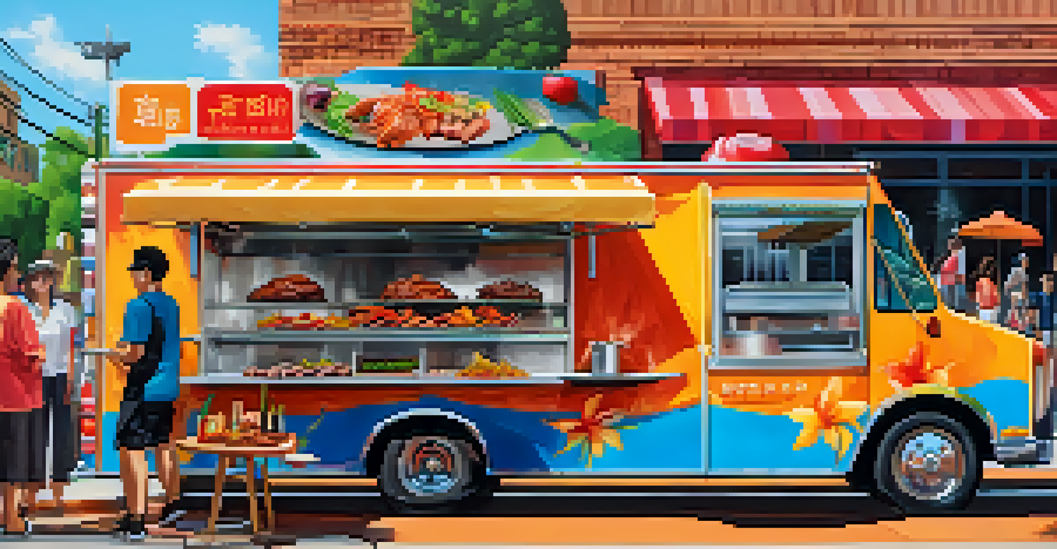 A food truck specializing in Korean BBQ, with a chef grilling marinated meats and preparing fresh dishes for customers.