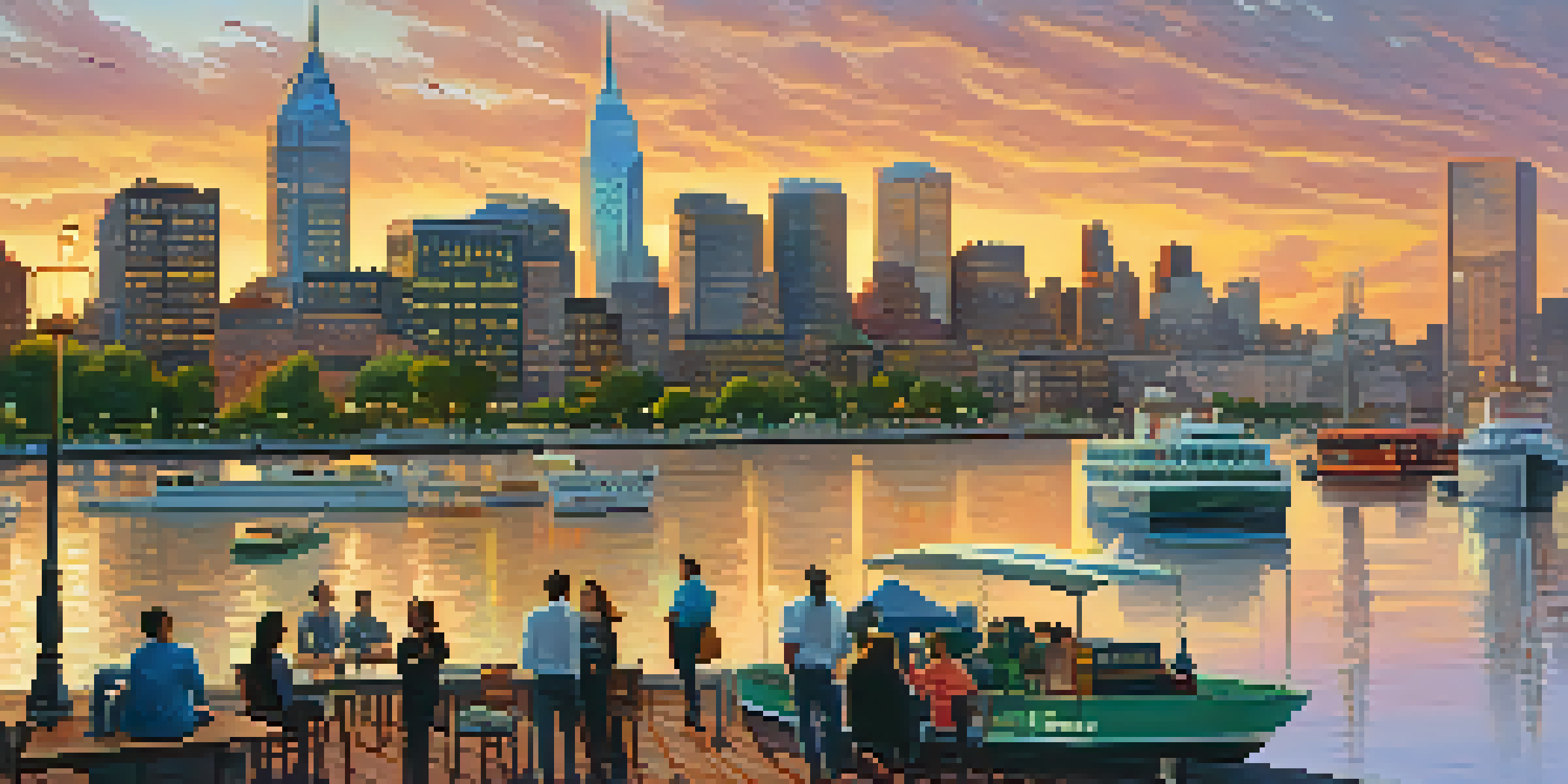 A skyline view of Jersey City at sunset with entrepreneurs discussing by the waterfront.